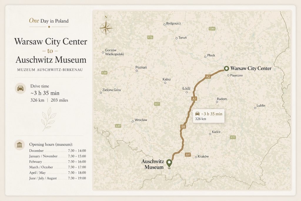One Day in Poland - Map Warsaw - Auschwitz Birkenau Museum. Auschwitz Birkenau tour from Warsaw