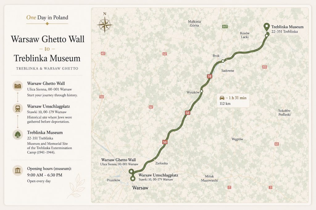 One Day in Poland - Map Route Warsaw Ghetto - Treblinka