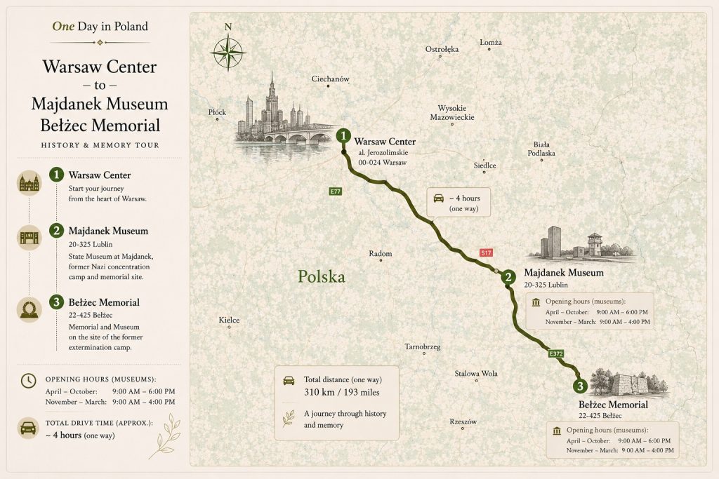 One Day in Poland - Map of the route Warsaw to Majdane and Bełzec